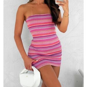 White Fox Boutique Strapless Pink & Orange Multi-Stripe Knit Mini Dress